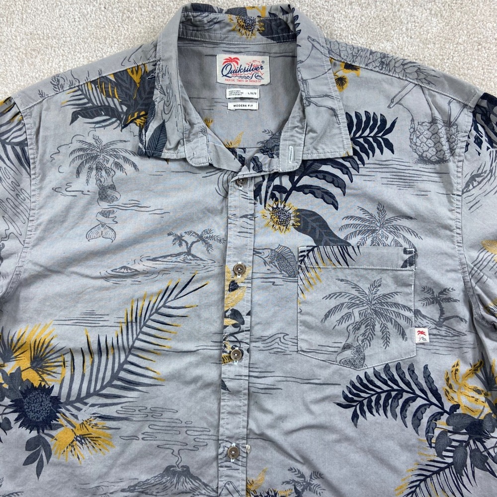 Quiksilver Button Down Shirt Mens Large Gray Tropical Palm Tree Modern Fit